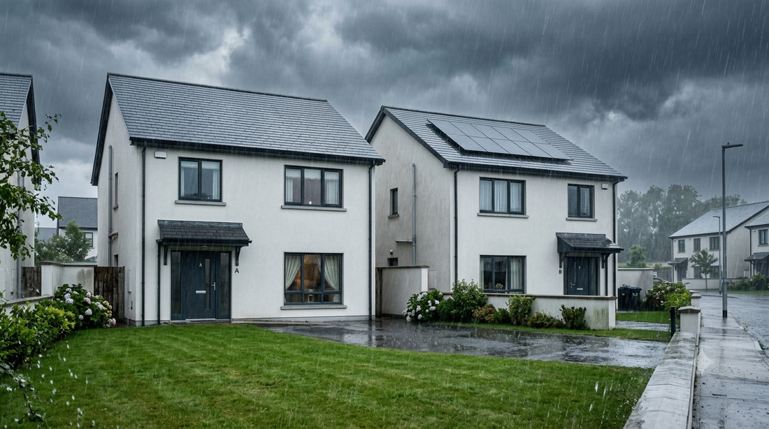 Irish house in heavy rain with solar panels on roof